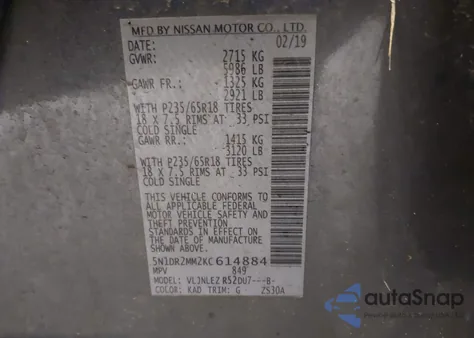 2019 Nissan Pathfinder Sv z USA, uszkodzony, nr VIN 5N1DR2MM2KC614884